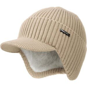 Men & Women Biege Beanie with Brim and Ear Flaps Fleece-Lined Hat